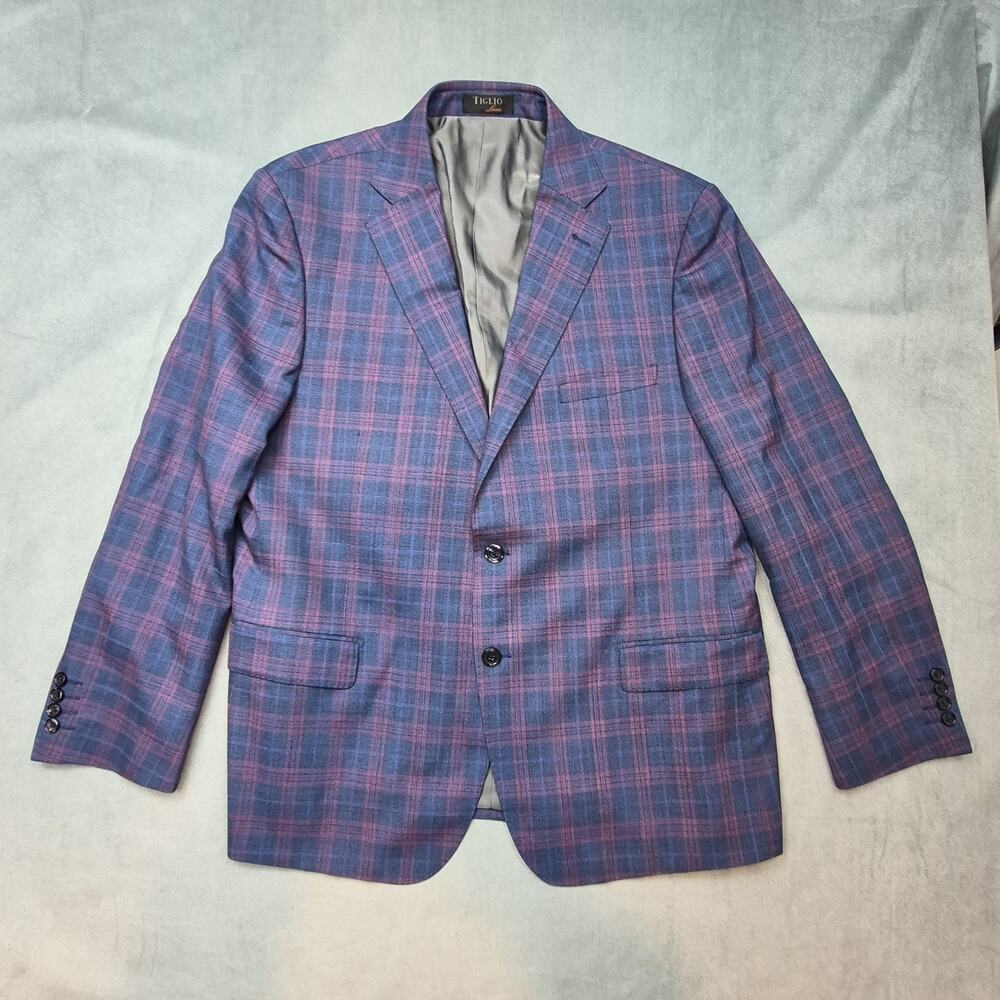 Tiglio Luxe Dolcetto Windowpane Blue & Light Red Wool Blazer Sport Coat Mens 46R